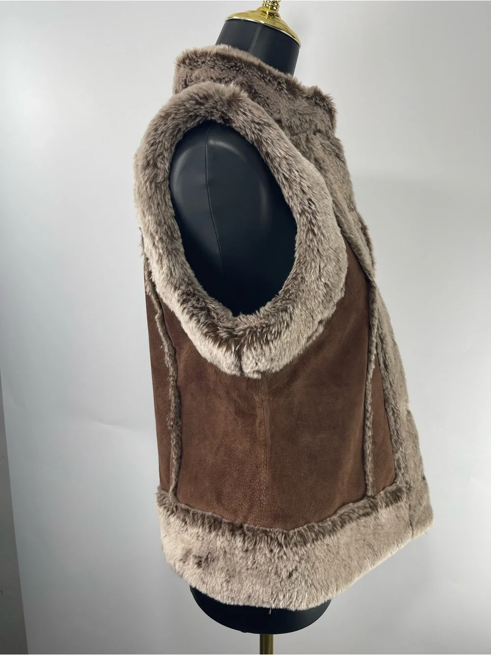 Live a Little Brown Leather Faux Fur Trim Western Cowgirl Vest Size Large - Picture 8 of 15